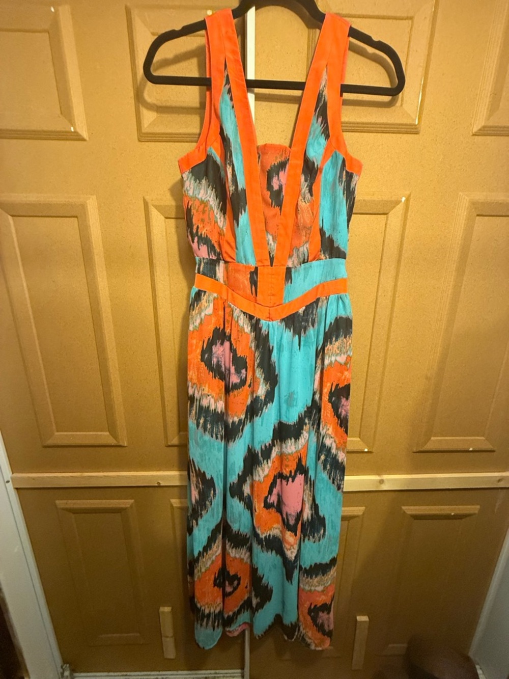 Gianni Bini Colorful Maxi Dress V-Neck Turquoise Orange Print Size M - Picture 2 of 15